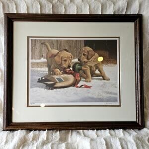 Jim Lamb "Winter Mischief" Signed Ltd Edition 836/3000 Framed Puppy Print